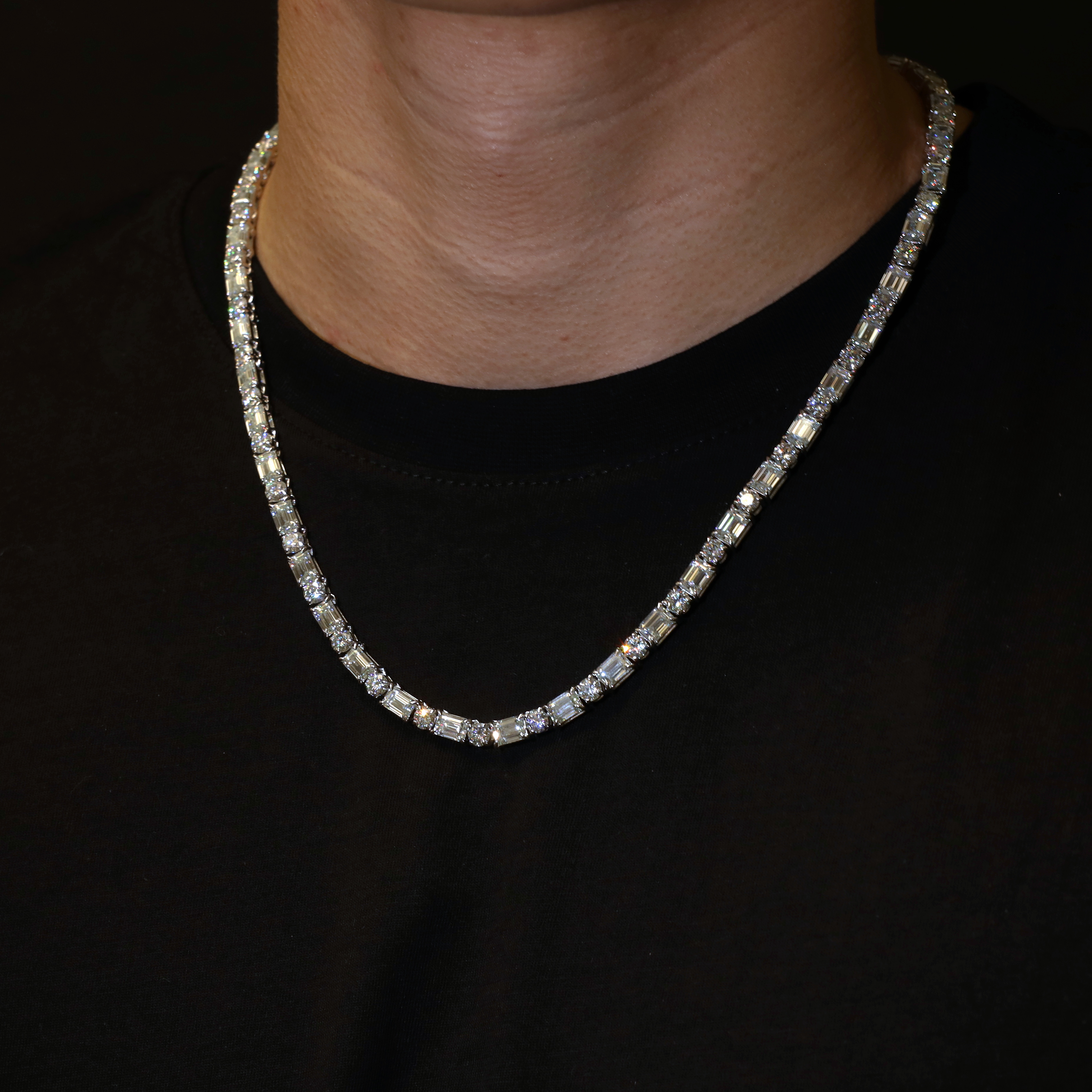 5mm Round & Emerald Cut Tennis Necklace (Silver)