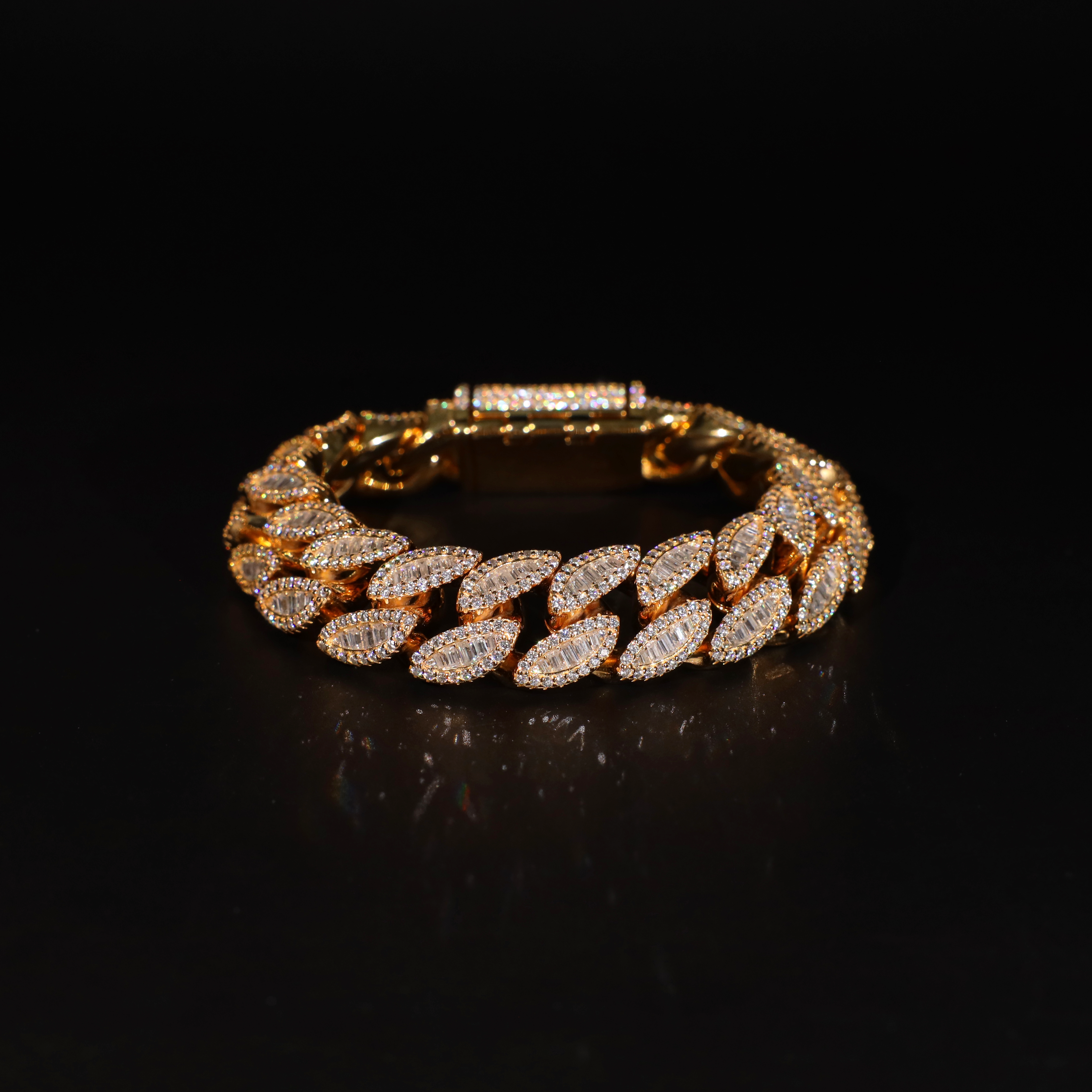 Oval Baguette Cuban Bracelet, 16mm Oval Baguette Cuban Link Bracelet (Gold)