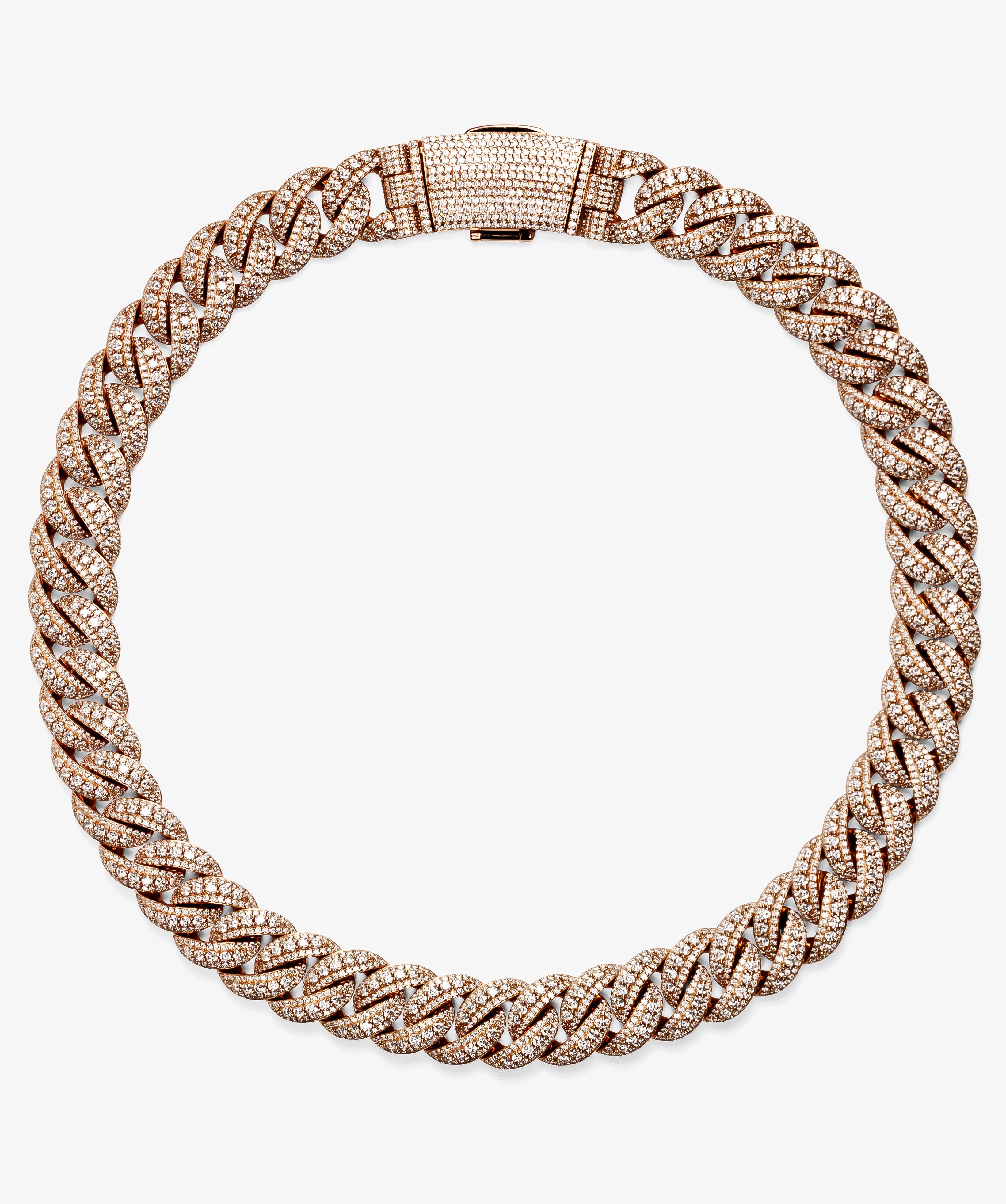 ICED London rose-gold diamond-encrusted Cuban link bracelet, luxury jewelry, close-up.