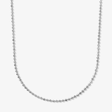 ICED London silver bead chain necklace, curved loop on a white background.
