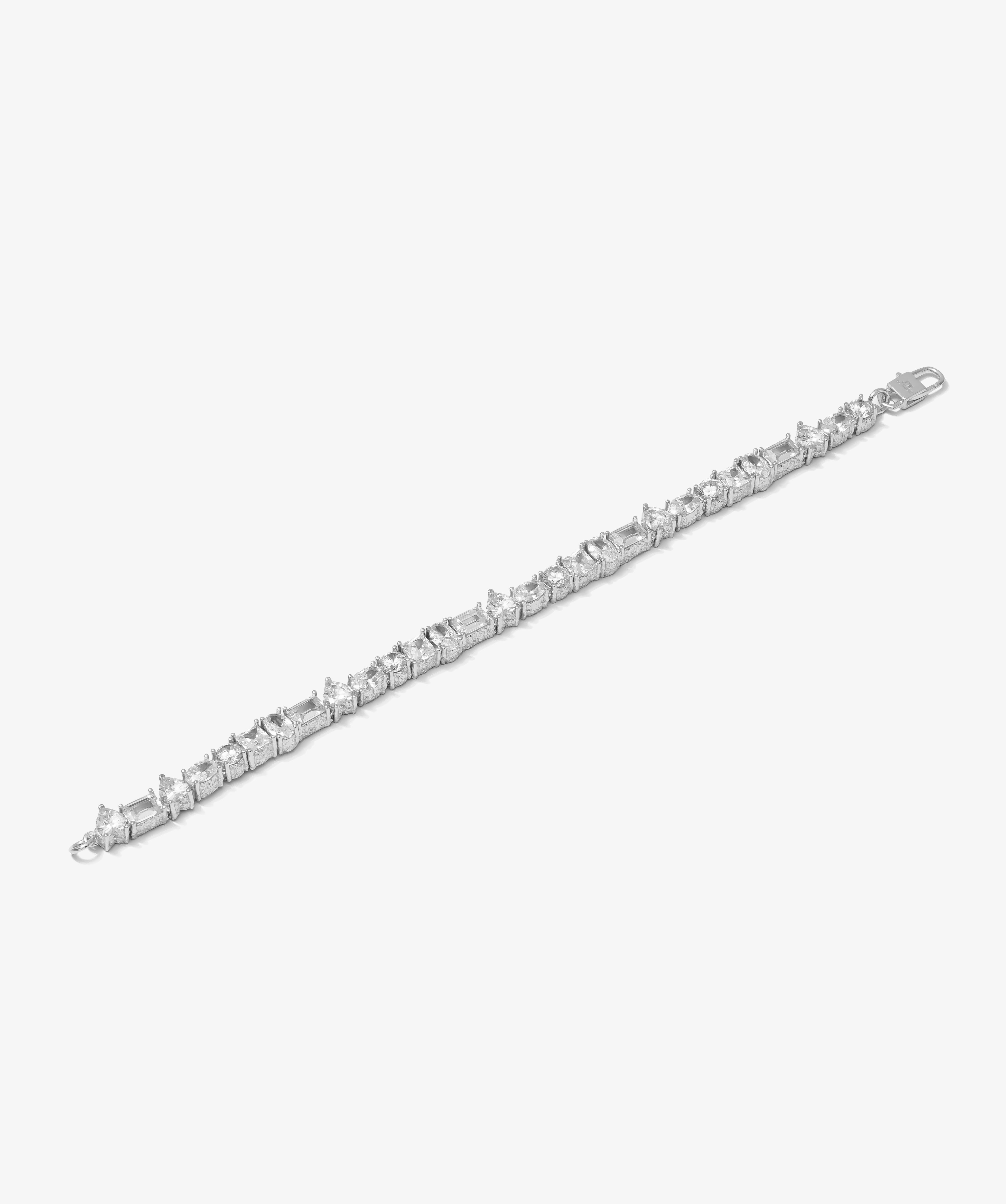 ICED London silver bracelet with alternating princess-cut and round diamonds, elegant jewelry for formal wear.