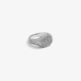 ICED London silver pavé diamond ring with a round diamond-studded bezel and wide band.