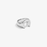 ICED London silver ring with an open crescent design and embedded studs, studio product shot.