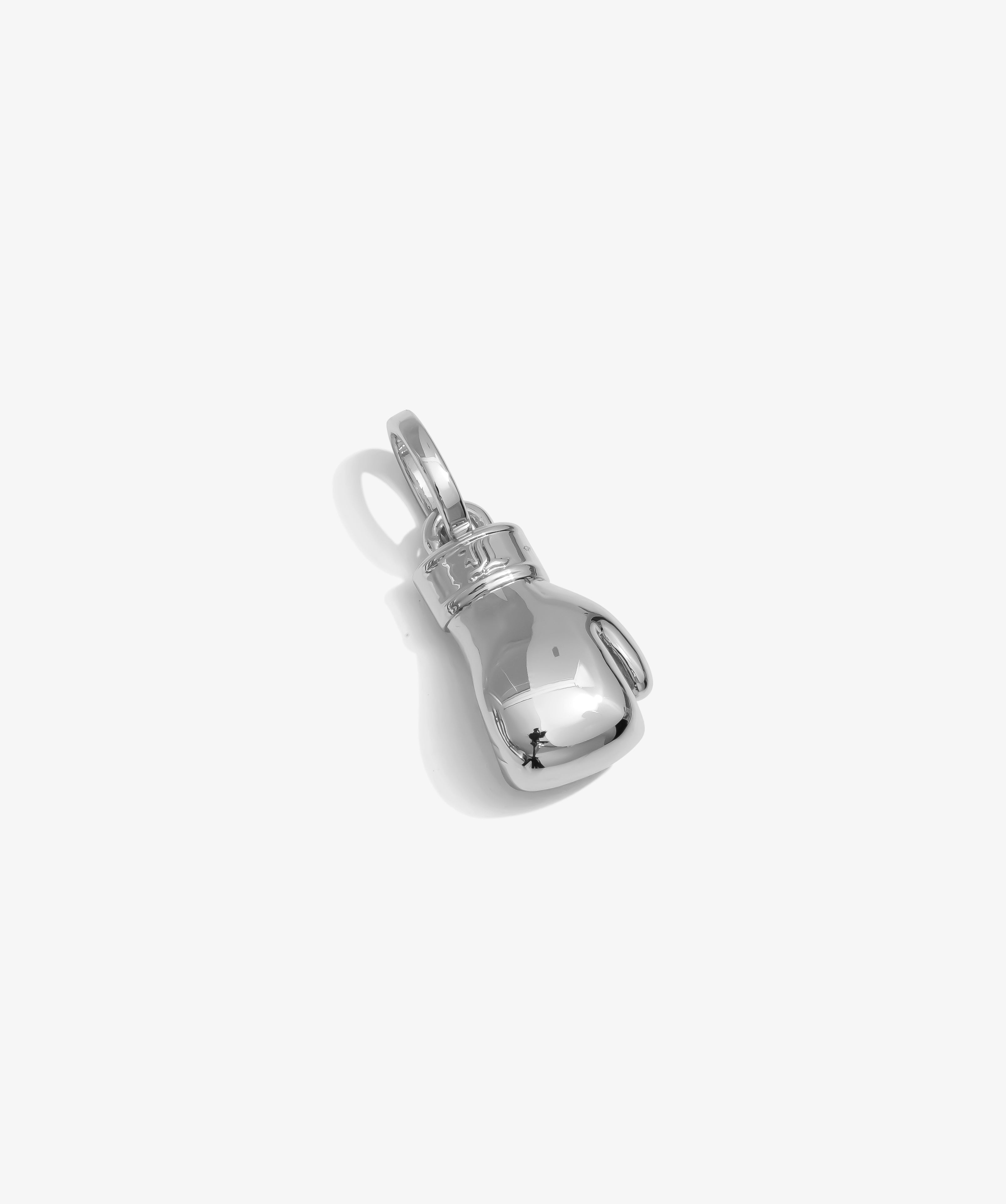 ICED London silver boxing glove charm pendant with polished, reflective finish.