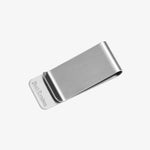 ICED London stainless steel money clip with brushed finish and engraved logo.