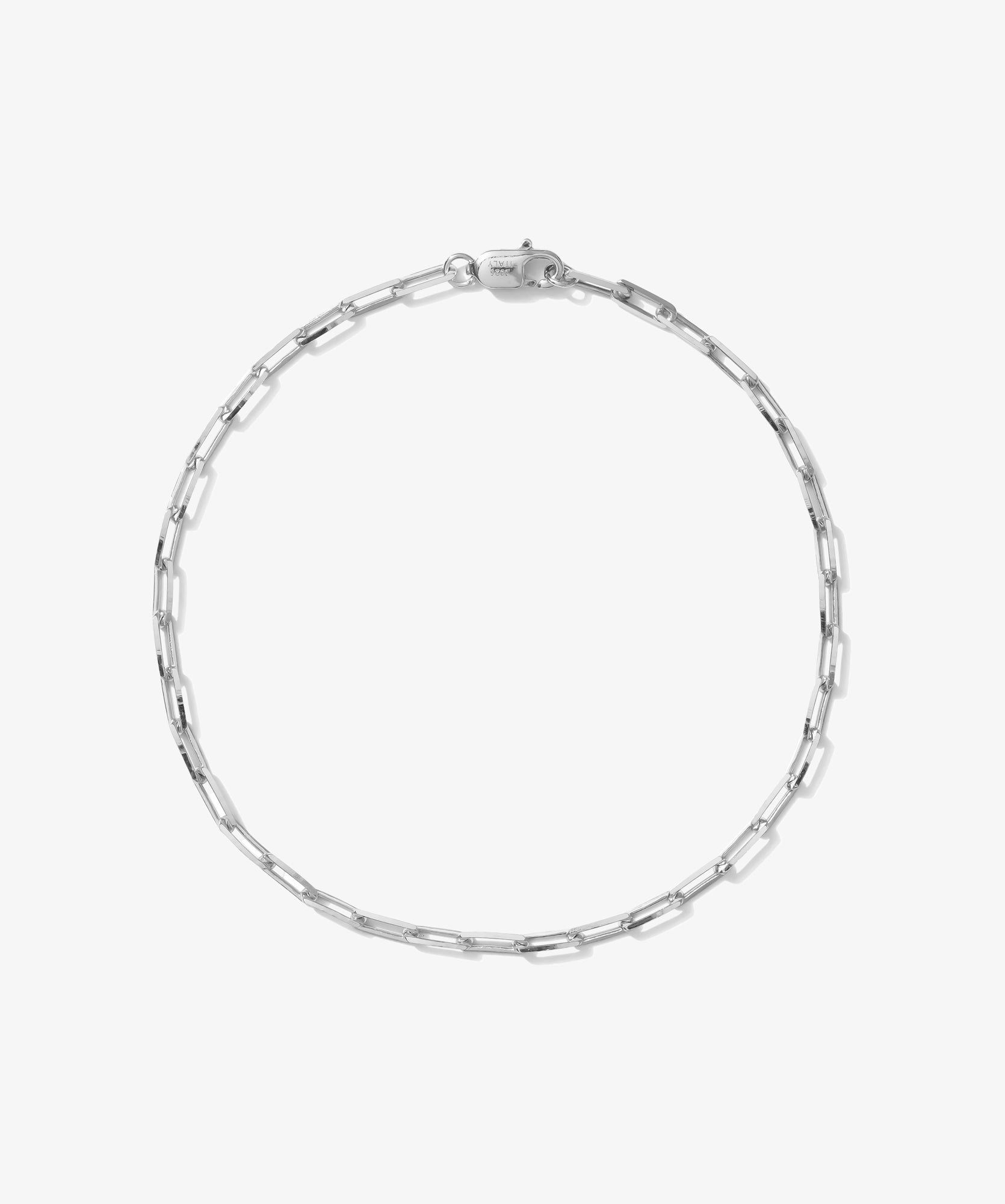 ICED London silver bracelet with elongated rectangular links and lobster clasp, minimalist chain jewelry.