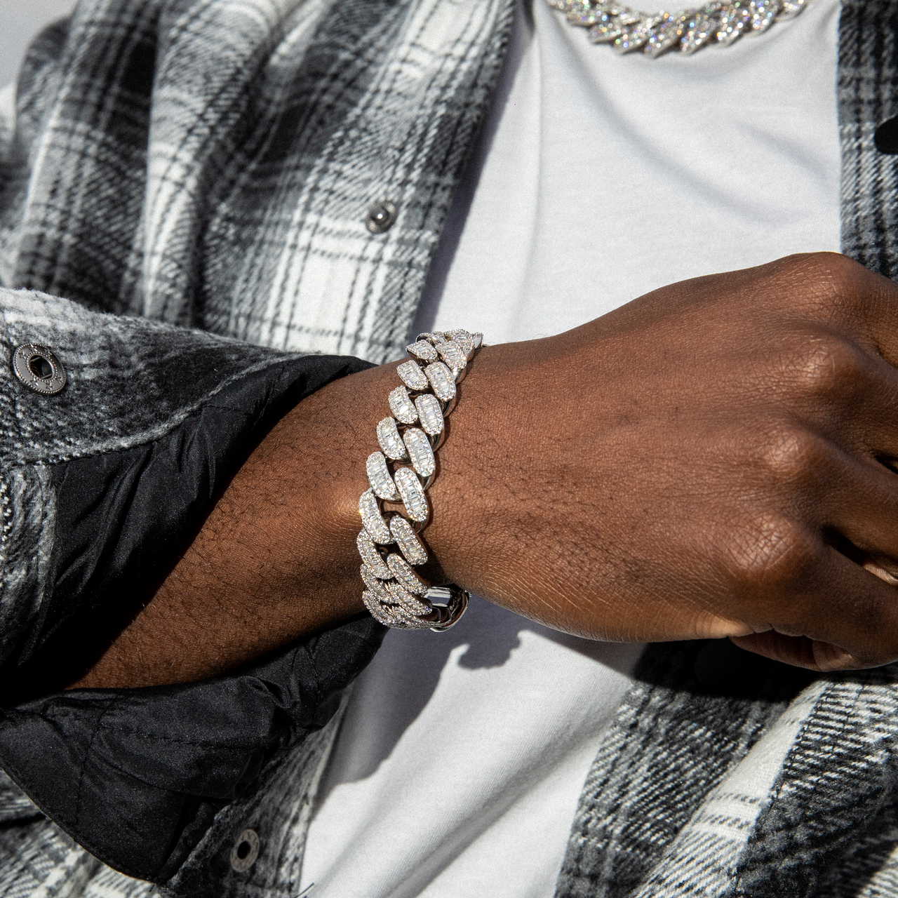 15mm Baguette Cuban Link Bracelet in White Gold