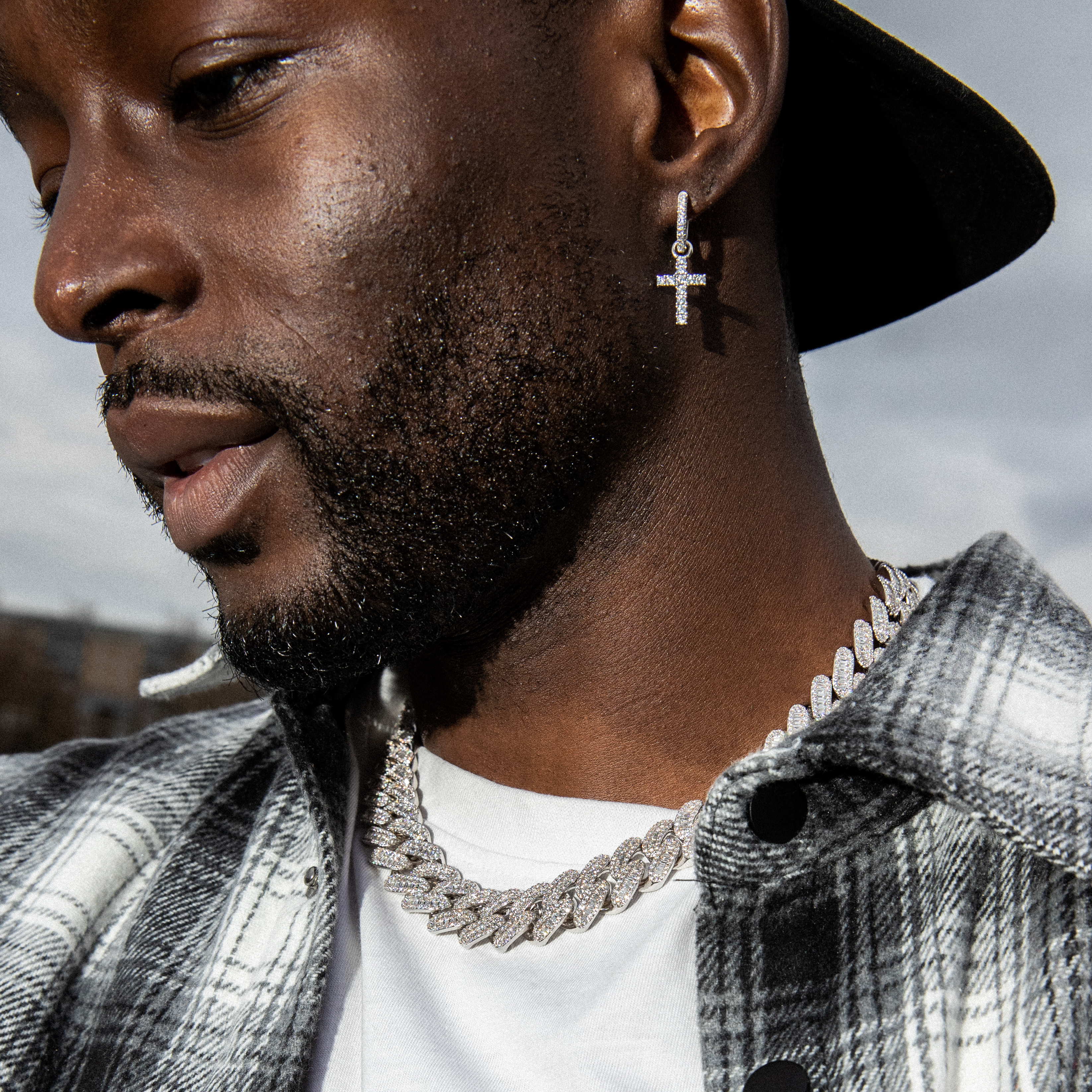 Iced Cross Hoop Earrings in White Gold