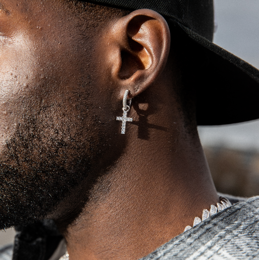 Iced Cross Hoop Earrings in White Gold